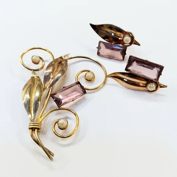 Vintage Gold Over Sterling Purple Stone Brooch And Earrings - Picture 1 of 5